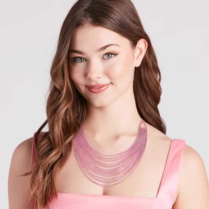 Flyonce Multi Layered Choker Collar Necklace, Glitter Rhinestone Crystal Tassel Multi-Strand Fringe Chains Bib Statement Necklace Prom Jewelry for Women - Image 3